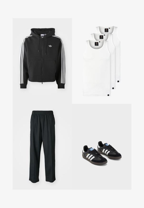 Črna zip-up kapuca iz bombažne mešanice, z sprednjim žepom, kapuco na vrvico in belimi tridelnimi poudarki na rokavih.; Tri bele rebraste majice brez rokavov iz bombaža. Imajo okroglo izreza in majhne črne etikete blizu roba. Na voljo v več velikostih.; Crne športne hlače z elastiko v pasu, narejene iz gladkega materiala, z diskretnim stranskim šivanjem in ohlapnim krojem ter ravnimi nogavicami.; Črne športne copate z zgornjim delom iz semiša in sintetičnih materialov, ki imajo tri bele črte, teksturiran gumijast podplat in modro označevalno oznako na jeziku.
