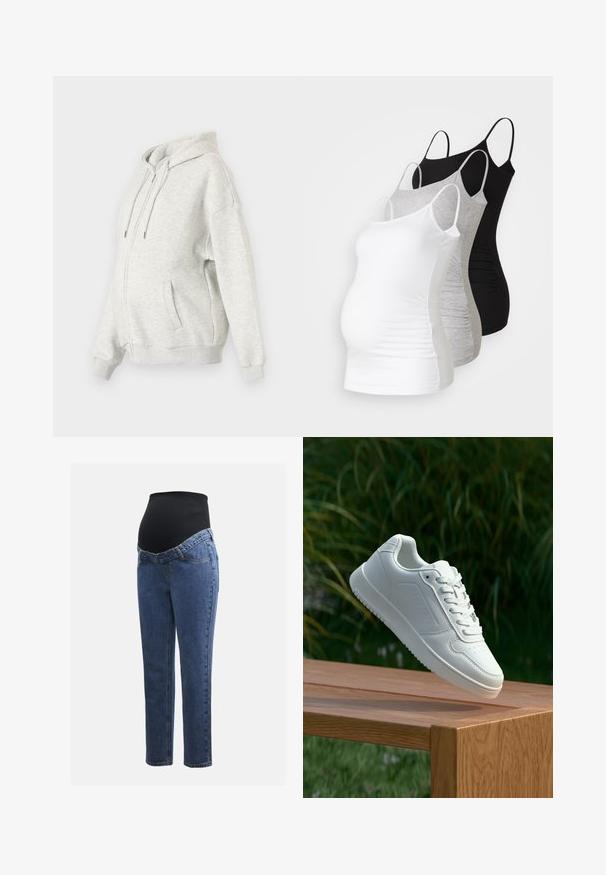 Svijetlosiva dukserica od mekog materijala. Ima prednji zip, velike džepove i kapuljaču s podesivim vezicom. Ima širok kroj.; Tri majice za trudnice bez rukava u bijeloj, sivoj i crnoj boji. Elastični materijal s podesivim trakama i naboranim bočnim šavovima za udobnost.; Trudnice traperice s plavim traper nogavicama i crnim rastezljivim trbuh panelom dizajnirane za podršku i prekrivanje rastoće trbuščića.; Bijela tenisica sa glatkim sintetičkim gornjim dijelom, perforiranim prednjim dijelom, ravnim vezicama i teksturiranom potplatom, prikazana na drvenoj površini.