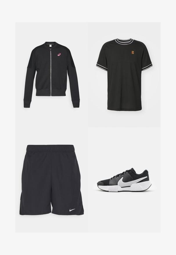ASICS MATCH CAPSULE JACKET - Sweater met rits - performance black; Zwarte t-shirt met korte mouwen, gemaakt van mesh stof, voorzien van een witte rand op de kraag en mouwen, met een klein geel en rood logo op de borst.; Zwarte sportshorts van lichtgewicht stof, met een elastische tailleband en een klein wit Nike-logo aan de onderzijde aan de linkerkant.; Zwarte sportieve schoenen met een gestructureerde bovenkant, wit swoosh-logo, gepolsterde hiel en een contrasterende witte zool met een zigzagpatroon.