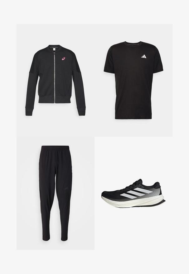 ASICS MATCH CAPSULE JACKET - Majica s kapuljačom i patentnim zatvaračem - performance black; Crna pamučna majica s kratkim rukavima, okruglim izrezom i bijelim logotipom na lijevoj strani prsnog koša. Glatka tekstura i jednostavan dizajn.; Crne sportske hlače s elastičnim pojasom, suženim dizajnom, bočnim džepovima i suptilnim logotipom. Izrađene od fleksibilne, prozračne tkanine.; Crna atletska cipela s mrežastim dizajnom, koja ima bijele pruge, zaobljeni vrh i teksturiranu potplate za prianjanje i potporu.