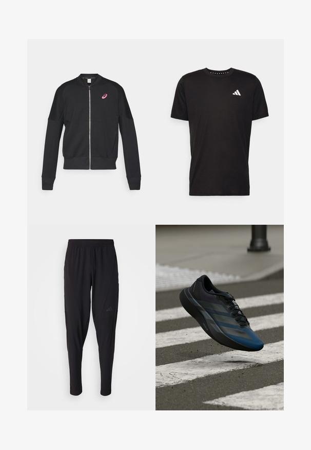 ASICS MATCH CAPSULE JACKET - Športna jopa s kapuco na zadrgo - performance black; Črna bombažna majica s kratkimi rokavi, okroglim izrezom in belim logotipom na levem prsnem predelu. Gladka tekstura in preprost dizajn.; Črne športne hlače z elastiko v pasu, zožanega kroja, stranskimi žepi in diskretnim logotipom. Narejene iz fleksibilnega, zračnega materiala.; Črno in modro atletsko čevlje z aerodinamičnim dizajnom, teksturirano zgornjo plastjo, kontrastnimi črtami ter oblazinjeno podplatom, ki lebdi nad asfaltom.