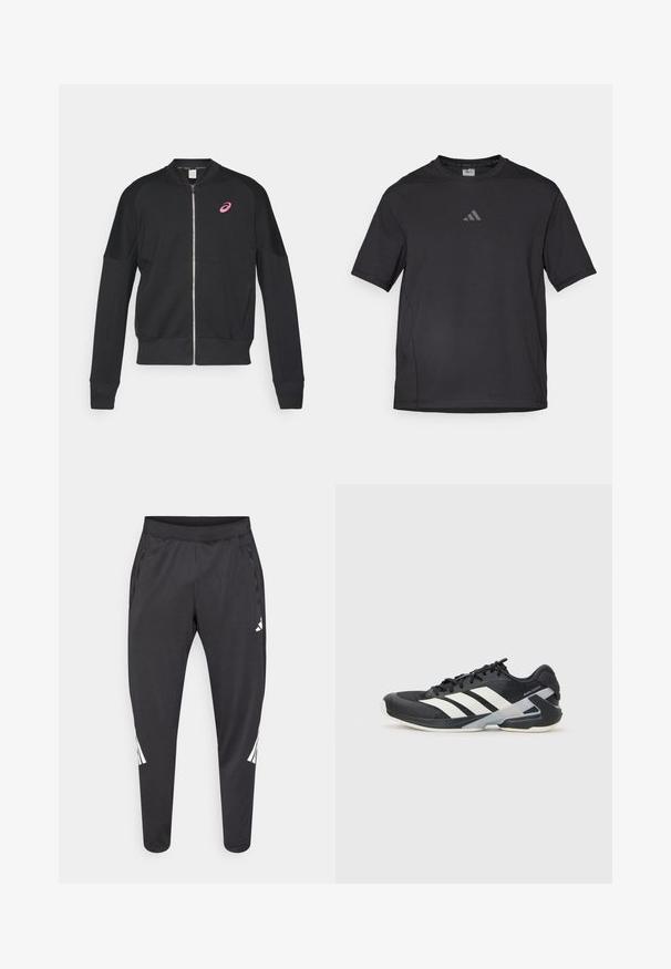 ASICS MATCH CAPSULE JACKET - Sweatjakke - performance black; Svart atletisk t-skjorte laget av pustende materiale, med korte ermer, rund hals og et reflekterende logo på brystet.; Svarte treningsbukser med smalere ben, elastisk midjebånd, sidelommer og hvite logo- og stripedetaljer. Laget av et mykt, lett materiale.; Svart treningssko med hvite striper, mesh-overdel, avrundet tå og polstret såle. Har en teksturert hæl og et sikkert snøresystem.