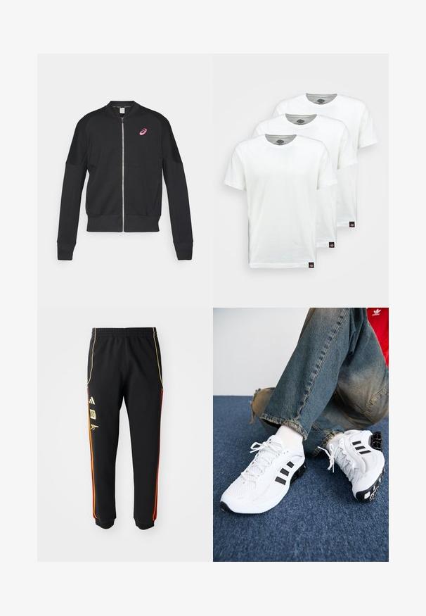 ASICS MATCH CAPSULE JACKET - Sweater met rits - performance black; Drie eenvoudige witte katoenen T-shirts met korte mouwen. Elk shirt heeft een ronde halslijn en een klein zwart logo-label aan de linkerkant.; Zwarte sportbroek met elastische taille, gouden en rode zijstrepen, en gele logo's op de linker bovenbeen.; Witte mesh sport schoenen met zwarte accenten, voorzien van een textuurontwerp en een onderscheidende zool, gecombineerd met blauwe spijkerbroeken.