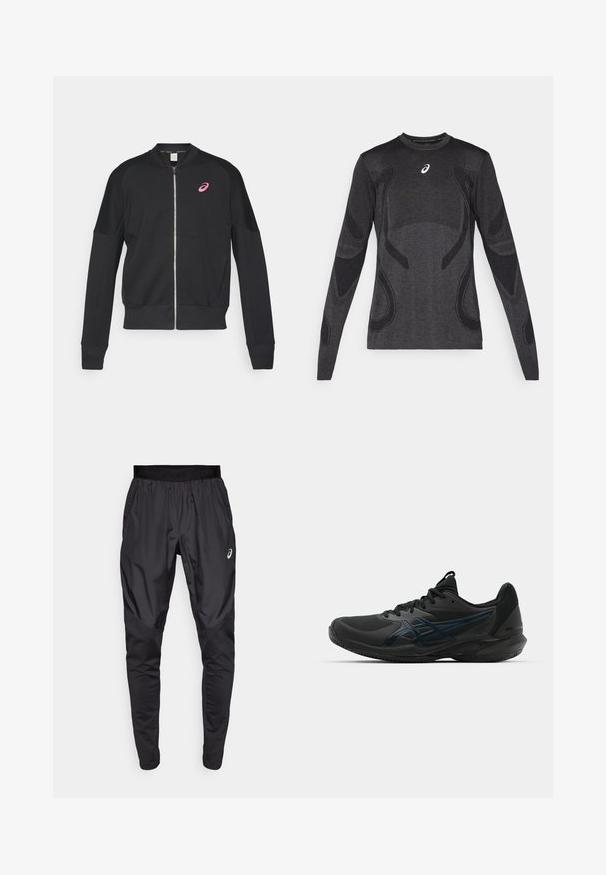 ASICS MATCH CAPSULE JACKET - Sweat zippé - performance black; Haut de sport à manches longues en gris foncé, avec des accents de design texturé en gris clair. Encolure ronde avec logo sur la poitrine.; Pantalons de sport noirs avec une taille élastique, des poches latérales et des panneaux de texture contrastée sur les jambes. Logo Asics sur la hanche.; ASICS SOLUTION SPEED FF 3 CLAY - Chaussures de tennis pour terre-battueerre battue - black/prism blue