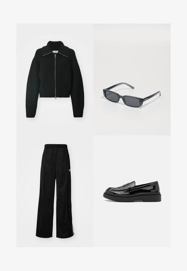 Weekday BEA ZIP CARDIGAN - Kardiganas - black; Balta trumpa rankovė t-shirt pagaminta iš medvilnės, su apvalia iškirpte ir laisvu siluetu. Lygus paviršius, be matomų raštų ar dekoracijų.; Juodos plačios kojų sportinės kelnės su elastinga juosta, su baltomis šoninėmis juostelėmis ir mažuoju logotipu kairiajame klube. Lygus audinio paviršius.; Juodi patentiniai odiniai loafersai su apvaliu nosiu, dekoratyvia juostele ir storu juodu guminio pado. Lygus blizgus paviršius su minimaliu siuvimu.; Juodos stačiakampės saulės akinių su storu plastiko rėmeliu ir tamsiais lęšiais. Šone matoma prekės ženklo "ARNETTE" pavadinimas, modernus dizainas ir blizgus paviršius.