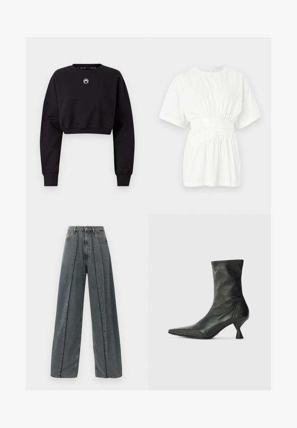 Melnas īsās džemperis, kas izgatavots no mīksta auduma. Ar garām piedurknēm, apaļu kakla izgriezumu un mazu logo uz krūtīm. Riboti piedurkņu gali.; Balta īsām piedurknēm t-krekls, izgatavots no gludas kokvilnas. Aprīkots ar savilktu vidukli ar spīdīgu jostu un apaļu kakla izgriezumu. Vienkāršs dizains.; Plati kāju tumši pelēki džinsi ar augstu jostasvietu, ar saplēstām dūriņu detaļām, kas vertikāli iet gar priekšpusi, un klasisku piecu kabatu dizainu.; Melnas ādas potīšu zābaki ar šauru pirkstu, teksturētu pirksta aizsargu un šauru, konusveida papēdi. Gluda virsma ar smalkiem dūriena elementiem.