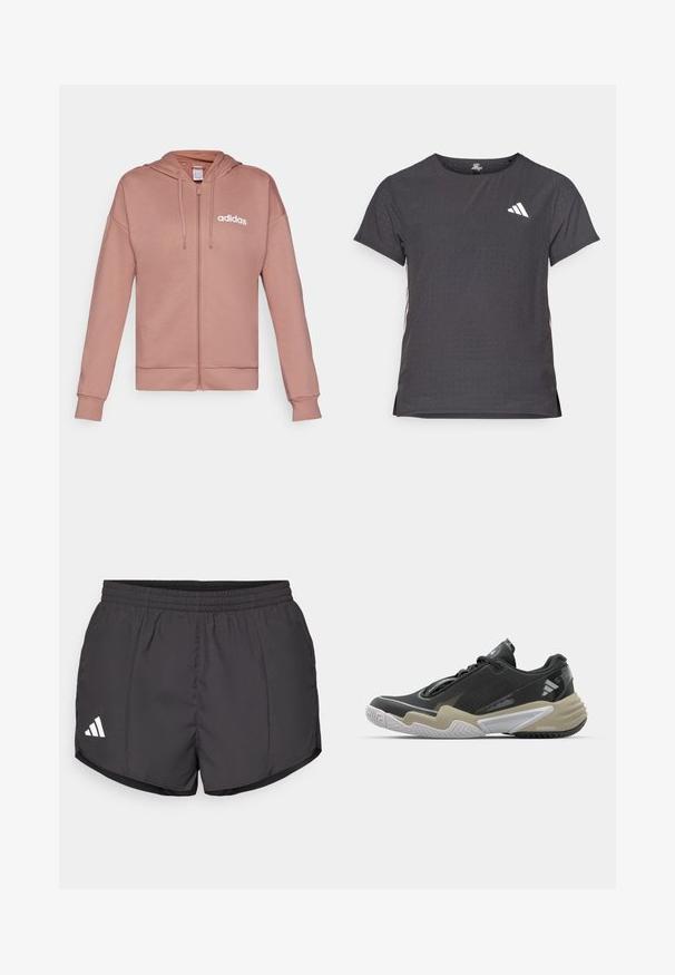 Šviesiai rožinė su kapuce zip-up sportinė palaidinė, pagaminta iš minkštos medžiagos. Yra baltas Adidas logotipas, guminiai rankogaliai ir laisvo silueto dizainas.; Trumpas rankovėmis sportinis marškinėlis, tamsiai pilkas, su perforuota tekstūra. Yra baltas logotipas ir kontrastingos šoninės juostos. Iškirptė suapvalinta.; Juodos sportinės šortai, pagaminti iš lengvos medžiagos, su elastinga juosmens juosta ir baltu Adidas logotipu kairėje apatinėje pusėje.; Juoda ir béžo spalvų sportinė avalynė su tekstūruota viršutine dalimi, išskirtiniu pado dizainu, atspindinčiomis detalėmis ir raištelių sistema. Lengva konstrukcija.