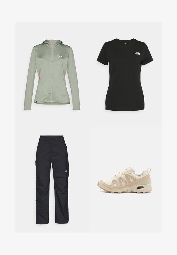 Ljusgrön, zip-up huva-jacka med texturerat tyg, med oranga dragkedjedetaljer och vit logotyp på bröstet. Två sidofickor ingår.; Svart bomull t-shirt med rund halsringning och korta ärmar. Anmärkningsvärt vitt logotyp på övre vänstra sidan. Slät yta, avslappnad passform.; Svarta nylonbyxor med avtagbara ben, justerbara muddar, flera fickor och en logotyp på högra benet. Slät, lätt textur.; Beige och krämfärgad atletisk sko med texturerad meshovandel, stöttande överdrag och gummisulor med ett mönster för grepp.