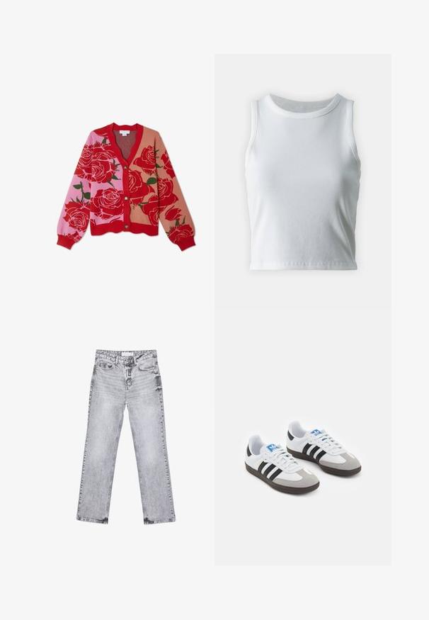 Rote und pinkfarbene florale Strickjacke mit V-Ausschnitt, Knopfverschluss und geripptem Saum. Sie zeigt große Rosen auf einem mehrfarbigen Hintergrund.; Weißes, geripptes Tanktop mit runder Ausschnittform und ärmellosem Design, ausgestattet mit einem geraden Saum und einer glatten, dehnbaren Textur.; Graue Jeans aus Denim mit geradem Bein, mit Used-Effekten, fünf Taschen und kupferfarbenen Nieten. Der Bund verfügt über ein Logoshirt.; Sportschuhe mit einem Obermaterial aus weißem Leder, grauer Wildleder-Zehenkappe und drei schwarzen Streifen. Sie verfügen über ein blaues Logo auf der Zunge und eine strukturierte Gummisohle.