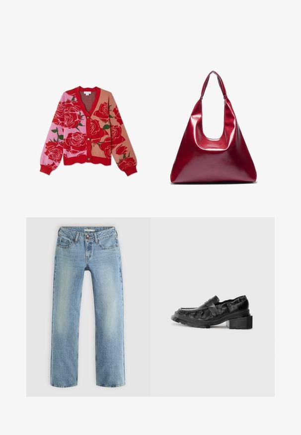 Rote und pinkfarbene florale Strickjacke mit V-Ausschnitt, Knopfverschluss und geripptem Saum. Sie zeigt große Rosen auf einem mehrfarbigen Hintergrund.; Zwei Langarmoberteile. Eines weiß und eines schwarz, beide aus leichtem Baumwollstoff mit einem weit ausgeschnittenen Bootsausschnitt und schmaler Passform.; Hellblaue gerade geschnittene Jeans aus Denim, mit Knopfverschluss, fünf Taschen und subtiler Ausbleichung entlang der Beine.; Schwarze Lederloafer mit einer strukturierten Sohle, die über einen leicht erhöhten Blockabsatz und ein strukturiertes Obermaterial verfügen, das mit einem vorderen Riemen gesichert ist.; Rote glänzende Lederhandtasche mit dreieckiger Form, breiter Öffnung oben und einem geschwungenen Griff. Glatte Textur mit minimalen Nähdetails.; Set aus zwölf Ohrhängern in Silber- und Goldtönen. Enthält gedrehte, glatte und strukturierte Designs in verschiedenen Größen und Oberflächen.