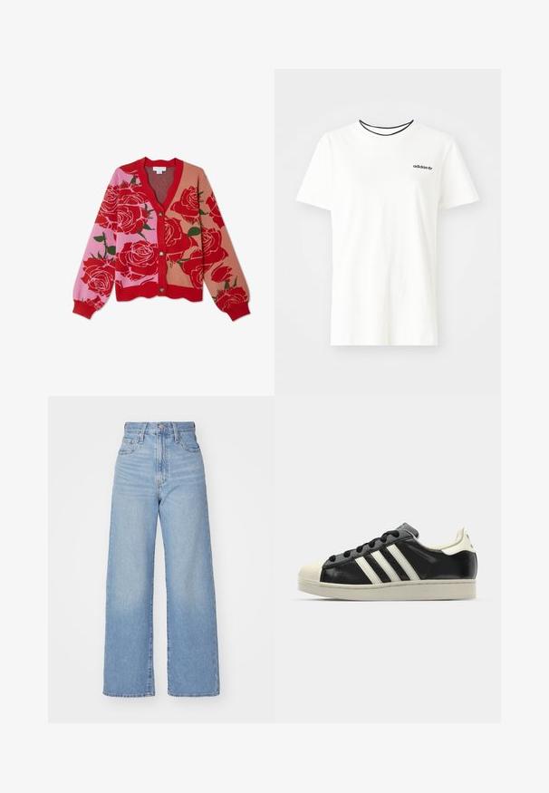 Rote und pinkfarbene florale Strickjacke mit V-Ausschnitt, Knopfverschluss und geripptem Saum. Sie zeigt große Rosen auf einem mehrfarbigen Hintergrund.; Weißes Baumwoll-T-Shirt mit kurzen Ärmeln und rundem Halsausschnitt. Mit einem schwarzen Adidas-Logo auf der Brust und einem kontrastierenden schwarzen Innenkragen.; Hellblaue High-Waist-Weite-Leg-Jeans mit Knopf- und Reißverschluss vorne, Vorder- und Rückentaschen, auf weißem Hintergrund.; Schwarze Ledersneaker mit weißen Streifen, Gummikappe, schwarzen Schnürsenkeln und einer cremefarbenen Sohle. Glatte Textur mit glänzender Oberfläche.