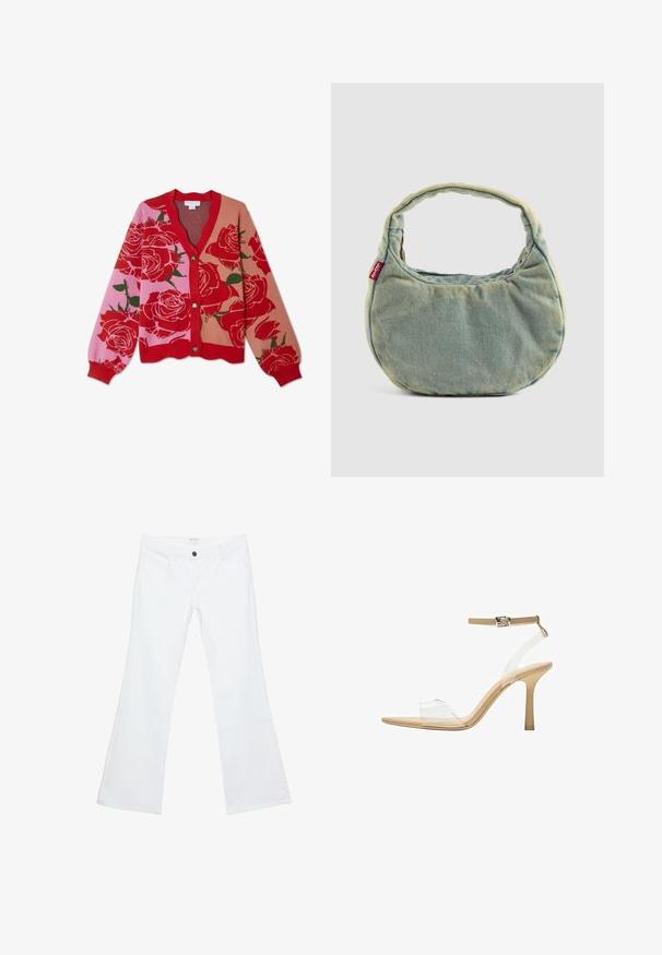 Punainen ja vaaleanpunainen kukkakuvioinen neuletakki, jossa on V-pääntie, nappikiinnitys ja ribbien reunat. Esittelee suuria ruusukuvioita monivärisen taustan päällä.; Musta hihaton paita, joka on valmistettu puuvillasta, ja jossa on pyöreä kaula-aukko sekä leveät kainaloaukot. Silkkinen pinta ja ommellut reunat. Klassinen, minimalistinen muotoilu.; Valkoiset, leveälahkeiset farkut, joissa on litteä etuosa ja selkeä ompelu, kaksi etutaskua ja yksi musta nappi vyötäröllä.; Kirkas korkokenkä läpinäkyvällä varrella, beigellä pohjalla ja hoikalla nilkkahihnalla. Ominaisuuksiin kuuluu terävä kärki ja ohut korkea korko.; Vaaleansininen farkkukäsilaukku, jossa on lyhyt pehmustettu kahva ja pieni punainen Levi's-logotagi sivussa, kuvattuna yksinkertaista taustaa vasten.