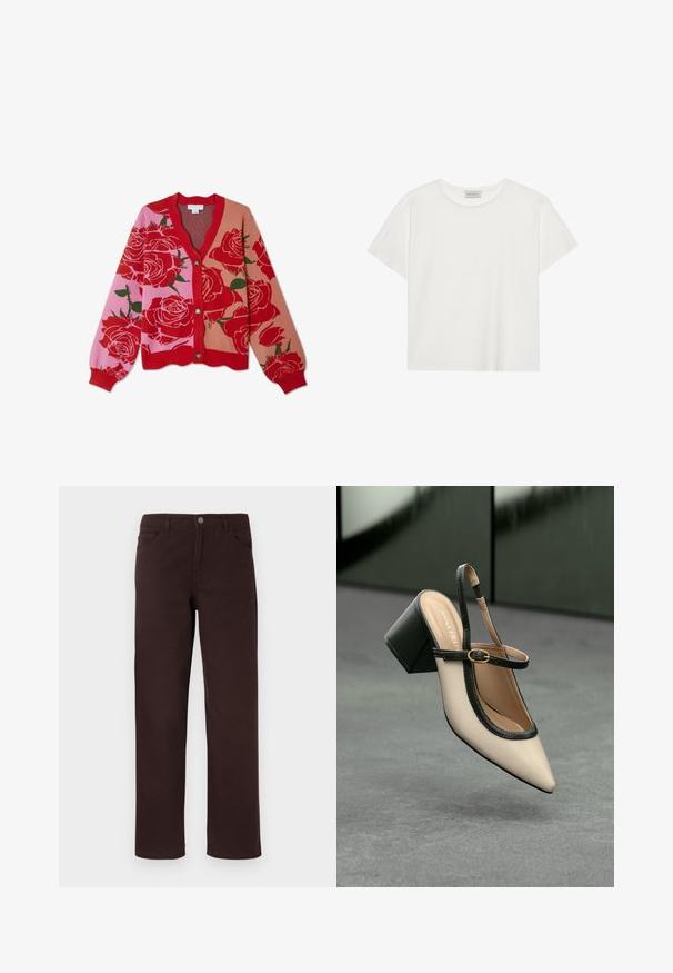 Punainen ja vaaleanpunainen kukkakuvioinen neuletakki, jossa on V-pääntie, nappikiinnitys ja ribbien reunat. Esittelee suuria ruusukuvioita monivärisen taustan päällä.; Valkoinen lyhythihainen T-paita, joka on valmistettu pehmeästä puuvillasta. Siinä on pyöreä kaula-aukko ja rento istuvuus. Siisti muotoilu ilman näkyviä kuvioita tai yksityiskohtia.; Ruske puuvillahousut suoran lahkeiden muotoilulla, joissa on kaksi etutaskua ja nappikiinnitys vyötäröllä. Sileä rakenne ilman näkyviä kuvioita.; Beige satiininilkkainen korkokenkä, jossa on kärkiosa käyrästi terävä, mustat reunukset ja solkisomiste. Sileä materiaali mattapintaisena, keskikorkea lohkokorko.