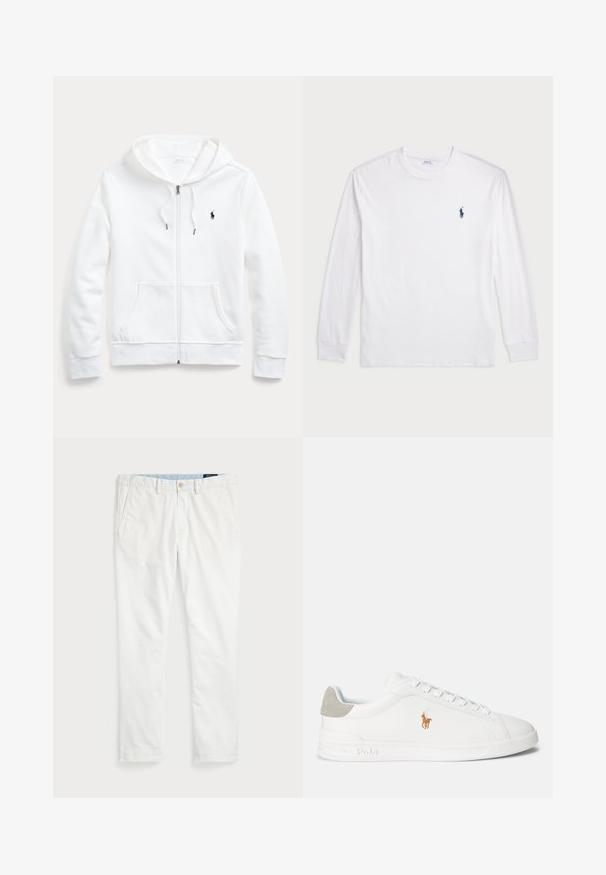 Hvit zip-up hettegenser med snøring i hetten, frontlommer og en liten svart logo på venstre bryst. Myk stoff og ledig passform.; Hvit langermet T-skjorte laget av bomull. Har rund hals, ribbestrikkede mansjetter, og en liten marineblå polo-logo på venstre bryst.; Hvite chinos laget av bomull, med flat front, beltehemper, to sidelommer og en baklomme. Glatt tekstur med rett ben.; Hvit sneakers med glatt syntetisk materiale, rund tå og snøredesign. Har en lys grå suedheelkappe og brodert logo.