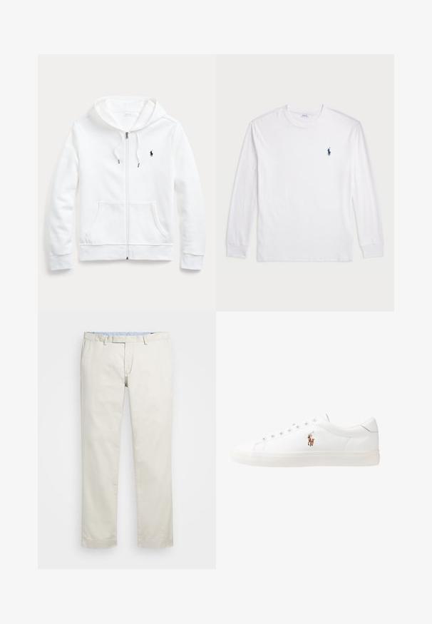 Hvit zip-up hettegenser med snøring i hetten, frontlommer og en liten svart logo på venstre bryst. Myk stoff og ledig passform.; Hvit langermet T-skjorte laget av bomull. Har rund hals, ribbestrikkede mansjetter, og en liten marineblå polo-logo på venstre bryst.; Beige bomullskjoler med flat front, beltehemper og sidelommer. Rett ben-design med en glatt tekstur og en lett, pustende følelse.; Hvite lærsko, lavt design, med en glatt tekstur, rund tå, snøring foran, og en liten brodert logo på siden.