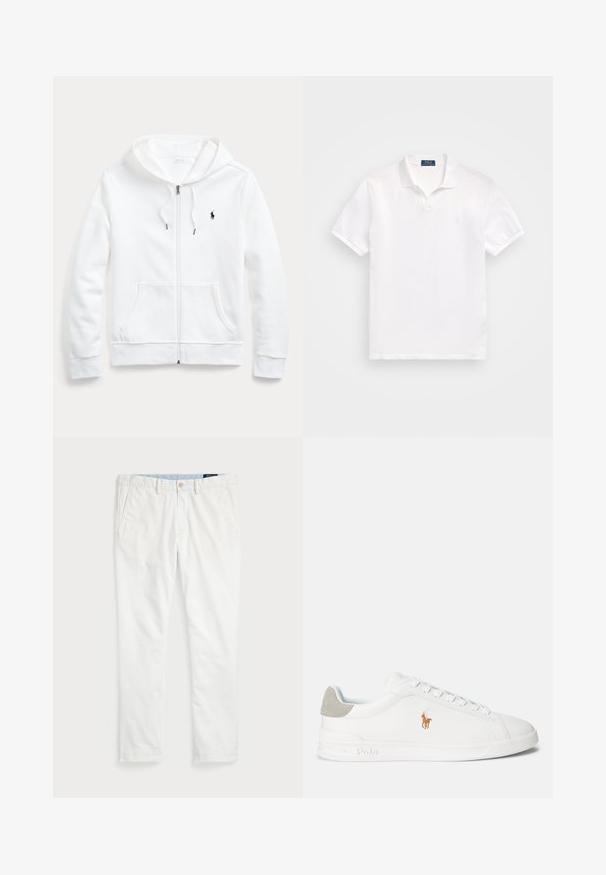 Balta kapuce ar rāvējslēdzi, ar aukliņu, priekšējiem kabatām un mazu melnu logotipu kreisajā krūtī. Mīksts audums un brīvs piegriezums.; Balts polo krekls, izgatavots no kokvilnas, ar divu pogu aizdari, īsām piedurknēm un smalku logotipu kreisajā krūtīs. Gluda tekstūra.; Baltās kokvilnas chinos bikses ar gludu priekšu, jostu cilpām, divām sānu kabatām un vienu aizmugures kabatu. Gluda tekstūra ar taisnu kāju.; Balti sporta apavi ar gludu sintētisku materiālu, apaļu purngali un auklu aizdari. Iezīmējas ar gaiši pelēku zamša papēža akcentu un izšūtu logotipu.