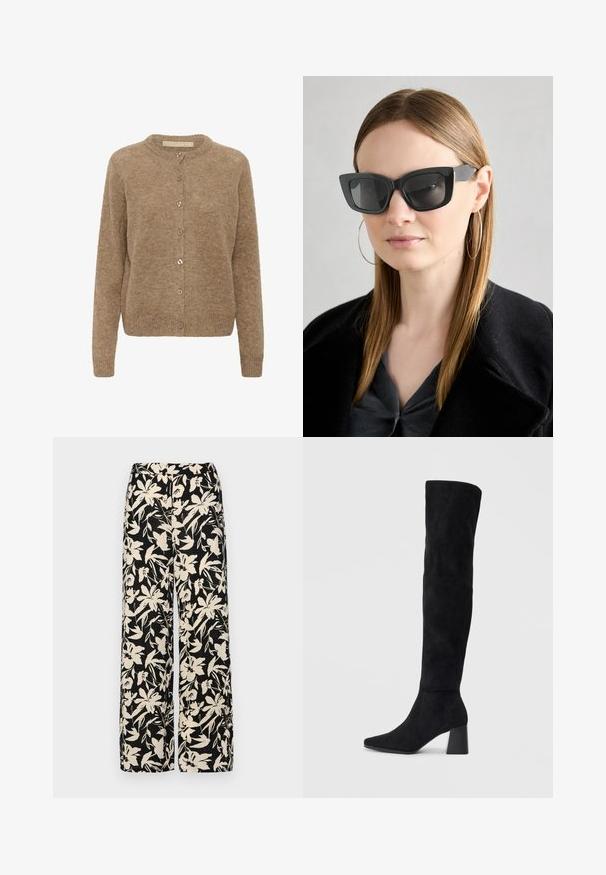 Smėlio spalvos vilnos ir sintetinių pluoštų kardiganas su apvali iškirpte, priekyje užsegamas mygtukais, ilgomis rankovėmis ir raukšlėtu apvadu. Minkšta tekstūra ir minimalūs dizaino elementai.; Juodas ilgomis rankovėmis viršus, su surinkta medžiaga priekyje ir ant riešų, pagamintas iš minkštos, elastingos medžiagos, su laivagalio kaklu.; Juodos plačios kojos kelnės su grietinėlės spalvos gėlių raštu. Pagamintos iš lengvos medžiagos, pasižyminčios lygiapass viršutine tekstūra ir aukštu liemeniu.; Juoda zomšinė kelio ilgio batai su blokuotu kulnu, smailiu nosiu ir lygiu, be siūlių dizainu ant paprastos šviesios fono.; Juodos katės akies saulės akiniai su tamsiais objektyvais, storo rėmo ir subtiliais akcentais. Dėvimi su juodu paltu ir pilku viršumi, turinčiu ilgus tiesius plaukus.