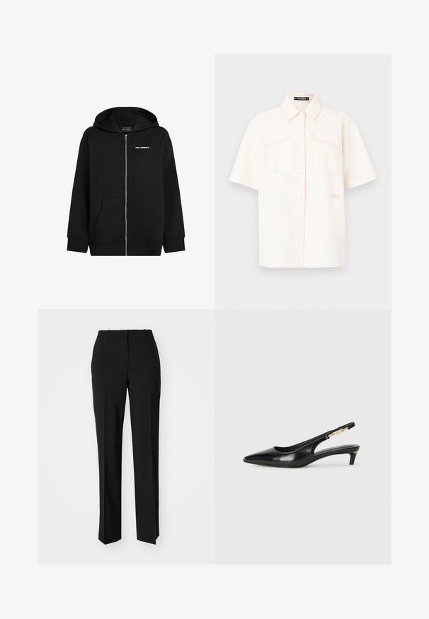 Μαύρο φούτερ με φερμουάρ από μαλακό ύφασμα. Διαθέτει μπροστινή τσέπη, κουκούλα με κορδόνι και λευκό λογότυπο "Karl Lagerfeld" στο στήθος.; Κοντομάνικη, κρεμ χρώματος πουκάμισο από ελαφρύ ύφασμα, με δύο εμπρόσθιες τσέπες, σχέδιο με κουμπιά και αντίθετο ράψιμο.; Μαύρο παντελόνι με ραφή που έχει σχεδιασμό ίσιας γραμμής, διαθέτει λεία υφή και καθαρές πτυχώσεις κατά μήκος της μπροστινής πλευράς. Χωρίς ορατό μεταλλικό υλικό.; Μαύρες δερμάτινες γόβες slingback με μυτερή μύτη, διαθέτοντας λεπτό τακούνι και χρυσή λεπτομέρεια στην ρυθμιζόμενη λωρίδα. Λείος υφές.