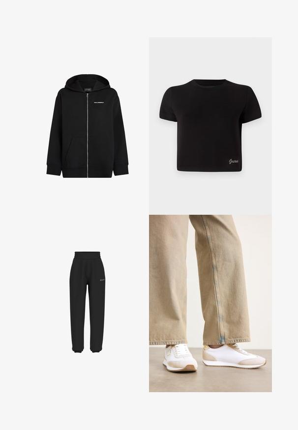 Crna zip-jakna napravljena od mekog materijala. Ima prednji džep, kapuljaču sa špagama i bijeli "Karl Lagerfeld" logo na prsima.; Crna majica kratkih rukava od pamuka. Ima okrugli izrez i mali srebrni "Guess" logo na donjoj lijevoj strani.; Crne trenirke izrađene od mekog materijala sa elastičnom waistband i manžetama; sadrži diskretan logo na području bokova.; Bijele tenisice s bež antilop detaljem, ravnim zatvaranjem na vezivanje i gumiranim potplatom, u kombinaciji s svijetlosmešanim ravnim trapericama.