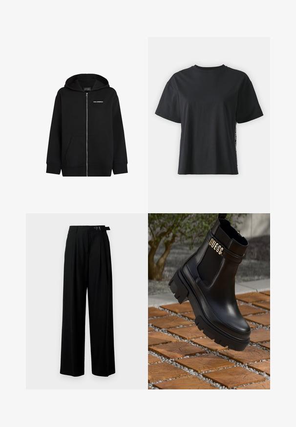 Čierna mikina na zips vyrobená z jemného materiálu. Obsahuje predné vrecko, kapucňu so sťahovacou šnúrkou a biele logo "Karl Lagerfeld" na hrudi.; Čierne tričko s krátkym rukávom z bavlny, vo voľnom strihu, s kontrastným postranným panelom, na ktorý sú umiestnené malé nápisy a designové detaily.; Čierne široké nohavice s vysokým pásom, skladmi vpredu a opaskom s prackou. Vyrobené z hladkej, ľahkej textílie.; Čierne kožené členkové topánky s masívnou gumovou podrážkou, elastickými bočnými panelmi a zlatým akcentom s logom "GUESS".
