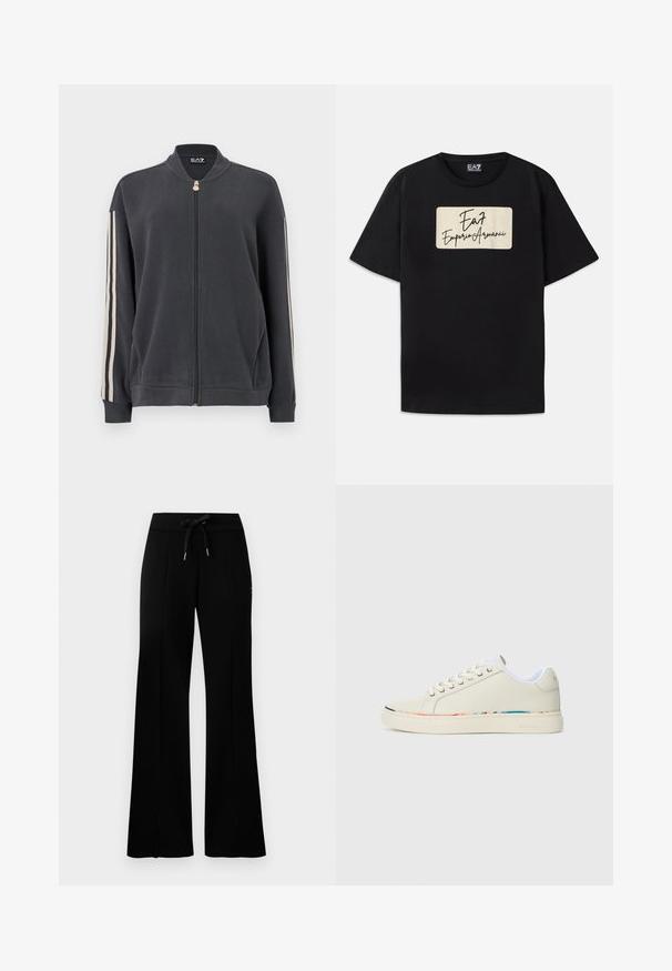 Hanorac cu fermoar, de culoare gri închis, cu guler ridicat, cu dungi albe laterale și manșete striate. Confecționat dintr-un material moale, fără modele vizibile.; Tricou din bumbac negru, cu un logo rectangular al brandului într-o nuanță de crem și text într-un stil scris de mână. Mâneci scurte și croială standard.; Pantaloni de trening negri, cu croială largă, talie cu șnur, detalii cu tăieturi laterale, material moale și un design elegant.; Sneaker de tip low-top de culoare alb murdar, cu brâu de legare, căptușeală interioară albă și o margine subtilă multicoloră pe marginea talpii, vedere laterală.