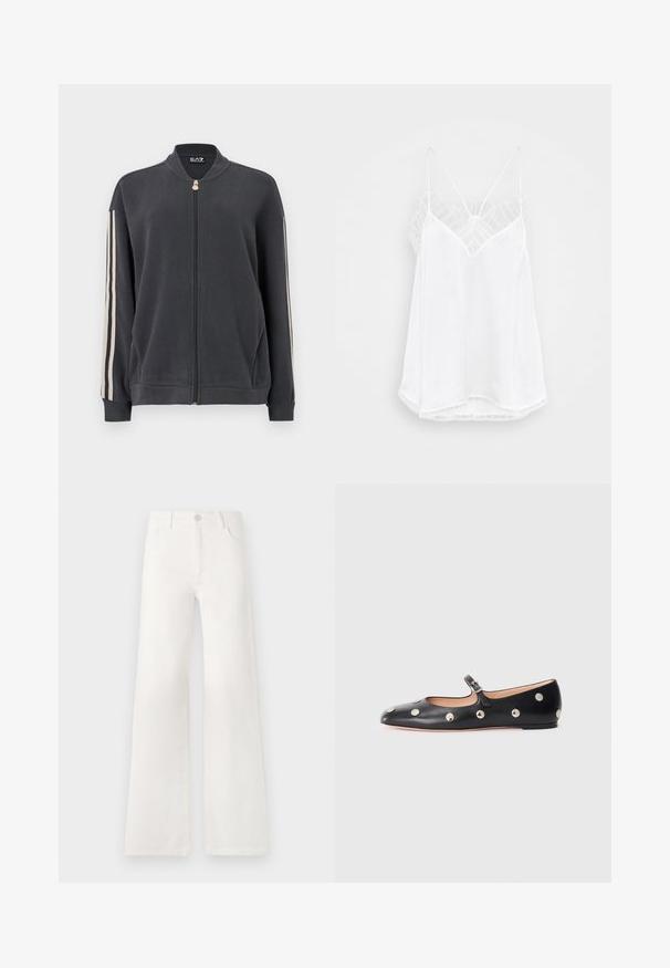 Sötétszürke cipzáras pulóver álló gallérral, fehér oldalsávokkal és bordázott mandzsettákkal. Puha anyagból készült, látható minták nélkül.; Fehér pántos top V-nyakkivágással, vékony pántokkal, texturált csipke díszítéssel a vállaknál és ívelt szegéllyel. Simás anyagfelület.; Fehér, magas derekú, bő szabású farmernadrág. Gombos záródással, két elülső zsebbel és oldalsó varrásokkal rendelkezik, amelyek varrási részleteket tartalmaznak.; Fekete bőr Mary Jane lapossarkú cipő, lekerekített orral, ezüst színű kör alakú szegecsekkel és állítható pánttal, csattal.