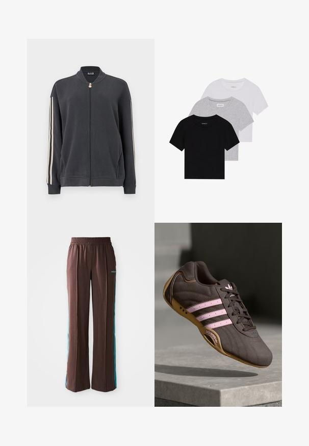 Sudadera gris oscuro con cremallera y cuello alto, con franjas blancas en los laterales y puños acanalados. Confeccionada en tela suave sin patrones visibles.; Conjunto de tres camisetas de manga corta en negro, gris y blanco. Están hechas de algodón, cuentan con cuello redondo y un diseño simple de un solo color.; Pantalones deportivos marrones con textura acanalada, cinturilla elástica y rayas laterales turquesas. Presenta el logo de adidas en la parte frontal.; Zapatilla deportiva de ante marrón con rayas y logotipo en rosa, con parte superior texturizada, cierre de cordones y suela de goma.