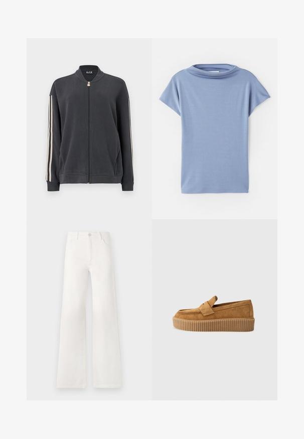 Sudadera gris oscuro con cremallera y cuello alto, con franjas blancas en los laterales y puños acanalados. Confeccionada en tela suave sin patrones visibles.; Top de manga corta azul claro, confeccionado con tejido suave. Presenta un diseño de escote redondo y un ajuste holgado, con dobladillos limpios y sin estampados.; Jeans blancos de tiro alto y pierna ancha, confeccionados en denim. Cuentan con un cierre de botón, dos bolsillos frontales y costuras con detalles en las costuras laterales.; Mocasín de ante marrón con punta redonda, presentado con una suela de plataforma estriada y una cinta decorativa en la parte superior.