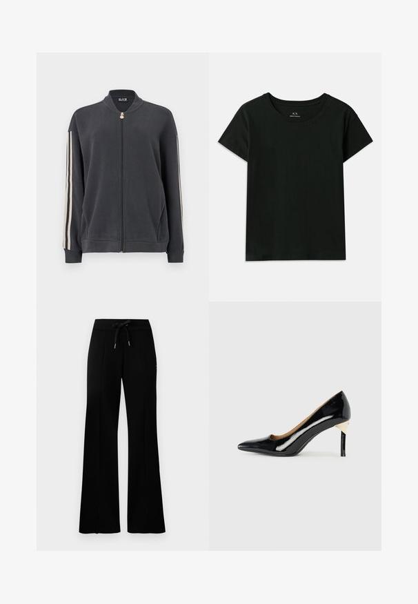 Mørkegrå genser med glidelås og ståkrage, med hvite sidestriper og ribbestrikkede mansjetter. Laget av mykt stoff uten synlige mønstre.; Svart kortermet T-skjorte laget av bomull. Har rund hals og preget "Armani Exchange"-tekst langs skulderen. Enkel design.; Svart vid bukse med snøring i midjen, sidelommer, myk stoff og et elegant design.; Sorte lakksko med høye hæler, spiss tå og utskjæringsdesign; har en elegant gullakzent på hælen. Enkel og elegant.
