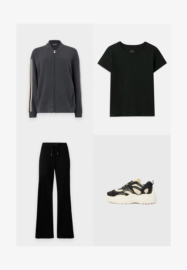 Sudadera gris oscuro con cremallera y cuello alto, con franjas blancas en los laterales y puños acanalados. Confeccionada en tela suave sin patrones visibles.; Camiseta negra de manga corta hecha de algodón. Presenta un cuello redondo y texto en relieve "Armani Exchange" a lo largo del hombro. Diseño simple.; Pantalones de chándal anchos y negros con cintura elástica y cordón, acentos de abertura lateral, tela suave y un diseño elegante.; Zapatillas negras y crema con una suela texturizada, paneles de malla y acentos de texto de la marca. Punta redonda y diseño de cordones. Lengüeta trasera ajustable.