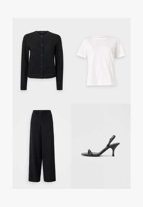 Črn kardigan z vzorčasto teksturo, okroglim izrezom, dolgimi rokavi in zapiranjem na gumbe z okrasnimi gumbi v obliki cvetov.; Bela bombažna majica s kratkimi rokavi, okroglo izrezana in ohlapnega kroja. Gladka tekstura, brez vzorcev ali dodatkov, minimalističen dizajn.; Črne široke hlače iz gladkega materiala, ki vsebujejo ravno sprednjo zasnovo, nabrane detajle in zanke za pas pri pasu.; Črne usnjene visoke sandale s tankim, ukrivljenim petam in obliko križanih trakov. Nastavljiv trak okoli gležnja. Gladka tekstura.