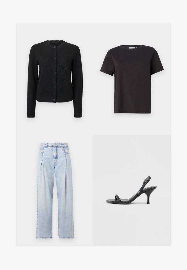Black cardigan with a textured pattern, round neckline, long sleeves, and button closure featuring decorative floral-shaped buttons.; Black cotton t-shirt with short sleeves, a crew neckline, and a simple, clean design. No visible patterns or embellishments.; Light blue denim jeans with a high waist, wide-leg cut, two side pockets, and pleated design feature. Soft texture with a faded finish.; Black leather high-heeled sandals with a slim, curved heel and a crossed strap design. Adjustable ankle strap. Smooth texture.
