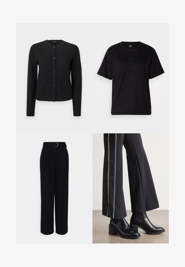 Čierny sveter s textúrovaným vzorom, okrúhlym výstrihom, dlhými rukávmi a zapínaním na gombíky s dekoratívnymi kvetinovými tvarmi.; Čierne bavlnené tričko s okrúhlym výstrihom, krátkymi rukávmi a vyšívaným logom na hrudi. Jednoduchý, voľný strih bez vzorov.; Čierne upravené nohavice s širokým strihom, s opaskom so striebornou sponou, záhybmi a hladkou textúrou látky.; Čierne kožené členkové topánky s blokovým podpätkom, vybavené elastickými bočnými panelmi. Skombinované s čiernymi nohavicami, ktoré majú biely bočný pruh.