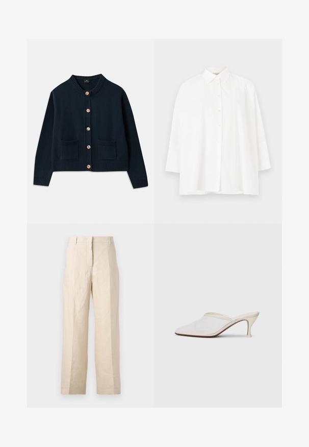 Tumesinine kudumine kardigan ümmarguse kaelusega, kuue puidust nööbiga ja kahe esikohaga; soonilised äärised ja varrukad lisavad struktuuri.; Valge nööbiga särk klassikalise kraega, pikkade varrukatega ja mugava lõikega. Sile puuvillane kangas, ilma nähtavate mustrite või aktsentideta.; Bež linasest püksid, millel on lõtv istuvus, volditud eesmine osa ja sirged jalad. Omab vööd, millel on vöökohaga silmused, ja nähtavaid taskuid ei ole.; Valge võrkmaterjalist teravatoa mulli king, millel on peen keskmise kõrgusega konts ja libisev disain, tühjal taustal.