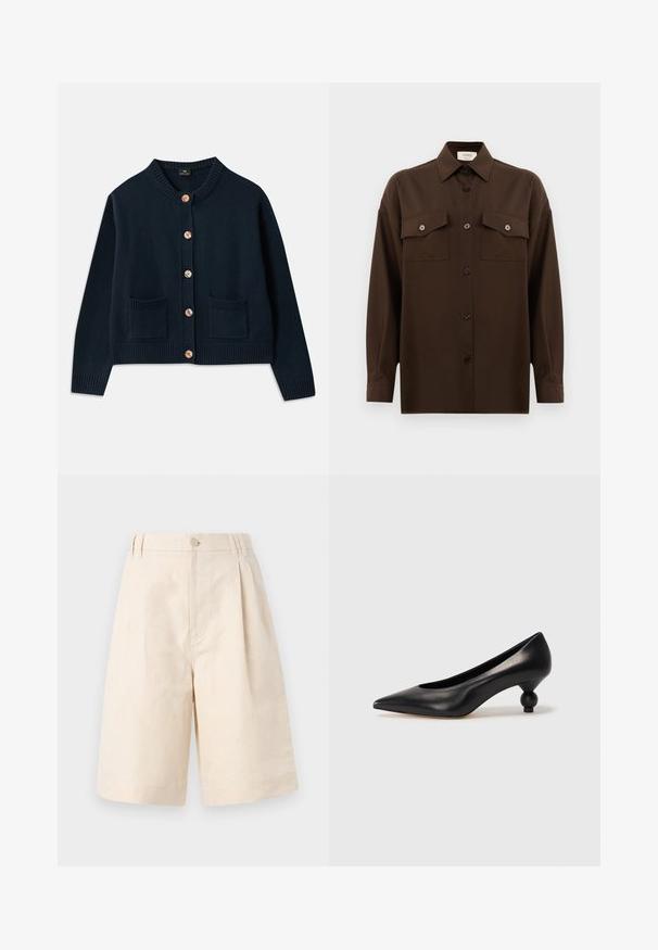 Navy knitted cardigan with a round neckline, six wooden buttons, and two front pockets; ribbed hem and cuffs provide texture.; Dark brown long-sleeve button-up shirt with two flap chest pockets and a classic collar, displayed against a plain white background.; Beige linen shorts with a relaxed fit, featuring a button closure, pleated design, and knee-length cut. Smooth texture and simple style.; Black leather high heel shoe with a pointed toe and a round, balled heel. Smooth texture with a sleek, minimal design.