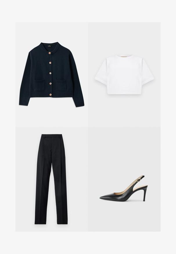 Cardigan tricotat bleumarin cu guler rotund, șase butoane din lemn și două buzunare frontale; marginea și manșetele striate oferă textură.; Tricou alb scurt dintr-un material moale, cu mâneci scurte, decolteu rotund și detalii ribbrate la margine. Design simplu și fără embellishments.; Pantaloni negri dintr-un material neted, cu talie înaltă, picioare largi, pliuri frontale și loop-uri clasice pentru curea. Fără buzunare laterale vizibile.; Cizme negre din piele cu toc înalt slingback, cu vârf ascuțit, curea ajustabilă și un toc stiletto elegant, având un finisaj neted.