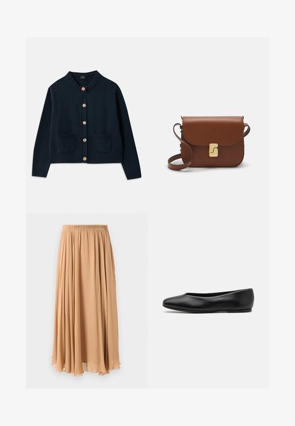 Marineblauer gestrickter Cardigan mit rundem Ausschnitt, sechs Holzknöpfen und zwei Fronttaschen; gerippter Saum und Bündchen sorgen für Textur.; Dunkelgraues, langärmeliges, gekürztes T-Shirt aus einem leichten, leicht strukturierten Stoff. Hat einen runden Halsausschnitt und eine lockere Passform.; Maxi-Rock in hellbeige, aus fließendem Stoff gefertigt. Verfügt über einen gerafften, elastischen Bund und sanfte Falten für Bewegung.; Paul Smith TOPANGA - Klassischer Ballerina - black; Braune Ledertasche mit Klappenverschluss, Beschlägen in Goldfarbe, einem Schultergurt und einer glatten Oberfläche. Kompakte rechteckige Form.