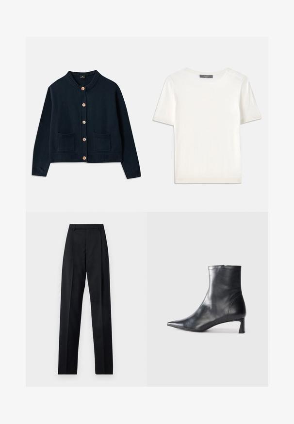 Námořnický pletený kardigan s kulatým výstřihem, šesti dřevěnými knoflíky a dvěma předními kapsami; žebrovaný lem a manžety dodávají texturu.; Bílý pletený top s krátkým rukávem a kulatým výstřihem, s hladkou strukturou a jemnými ribovými akcenty na rukávech a lemu.; Černé kalhoty vyrobené z hladké tkaniny, vybavené vysokým pasem, širokými nohavicemi, předními záhyby a klasickými poutky na opasek. Nejsou viditelné boční kapsy.; Černé kožené kotníkové boty s špičatou špičkou a elegantním designem. Mají nízký podpatek a zipové zapínání na zadní straně. Hladká textura.