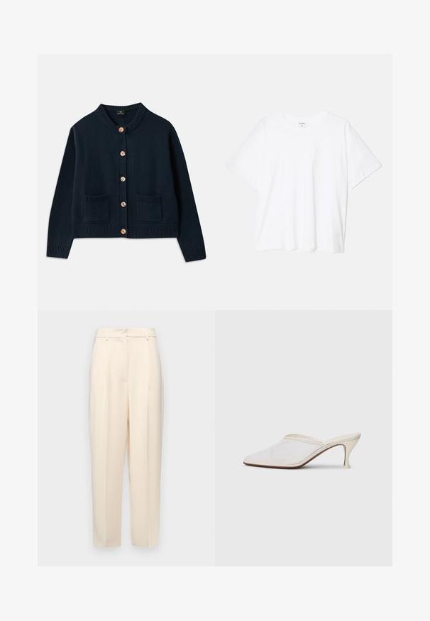 Cardigan de punto en color navy con cuello redondo, seis botones de madera y dos bolsillos frontales; el dobladillo y los puños acanalados añaden textura.; Camiseta de algodón blanca con mangas cortas, escote redondo, corte relajado y dobladillo cosido. Etiqueta visible en el interior del cuello.; Pantalones de tela en beige, con un corte recto, que presentan pliegues en la parte delantera, una textura suave y una cintura de altura media. Sin bolsillos visibles.; Mule blanco de malla con punta afilada, tacón medio y diseño de fácil colocación contra un fondo liso.