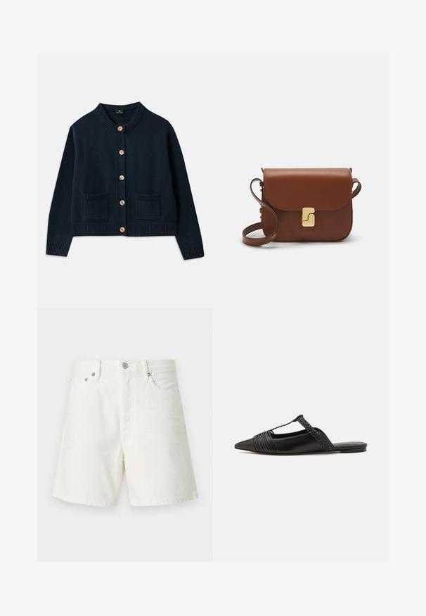 Sötétkék kötött kardigán kerek nyakkivágással, hat fa gombbal és két elülső zsebbel; bordázott alja és mandzsetták textúrát adnak.; Hosszú ujjú, világos bézs blúz kerek nyakkivágással. Puha anyagból készült, középső varrással és enyhén ívelt szegéllyel rendelkezik. Nincs rajta látható fémrész.; Fehér farmer sort egyenes szabással, öt zsebbel, elülső gombos záródással, ezüst színű fémrészletekkel és varrt díszítéssel.; Fekete bőr slingback cipő hegyes orral, szőtt díszítéssel és redőzött felső dizájnnal. Lapos talp minimális hardverrel.; Barna bőr kézitáska, hajtókás zárással, arany színű fém kiegészítőkkel, vállpánttal és sima felülettel. Kompakt téglalap alakú.