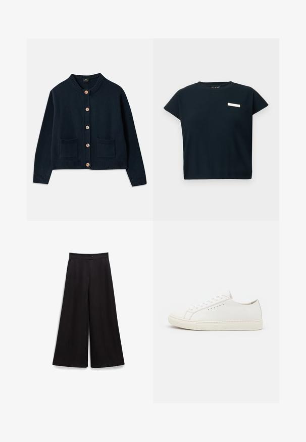 Marineblå strikket cardigan med rund hals, seks treknapper og to frontlommer; ribbestrikket nederkant og mansjetter gir tekstur.; Svart ribbestrikket topp med korte ermer og rund hals, med et lite hvitt merke på brystet, laget av mykt bomullslignende stoff.; Sorte brede bukser med en glat overflade, en knaplukning i taljen og en afslappet pasform. Ingen synlige mønstre eller accenter.; Hvite lær sneakers med glatt tekstur, rund tå, minimale snøringer og flat gummisåle. Enkelt design uten ekstra aksenter.