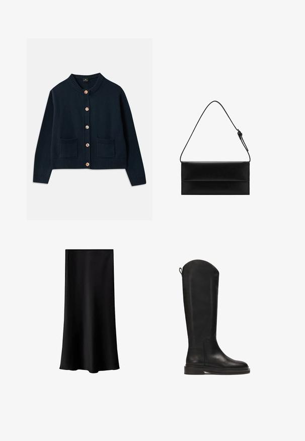 Navy knitted cardigan with a round neckline, six wooden buttons, and two front pockets; ribbed hem and cuffs provide texture.; White short-sleeve T-shirt made of smooth cotton fabric, featuring a crew neckline and a relaxed fit with stitched hems.; Black midi skirt made of smooth, lightweight fabric. Features a straight cut, no visible hardware, and a simple design without patterns.; Black leather knee-high boot with a smooth finish, rounded top, sturdy sole, and minimalistic design. Features a tab at the back for easy wear.; Mango Handbag - black