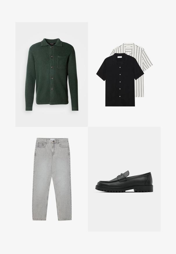 Dunkelgrüner Cardigan aus strukturiertem Stoff mit knöpfbarem Vorderteil, einer Brusttasche und einem klassischen Kragendesign.; Zwei kurzärmelige Hemden: eines ganz schwarz, das andere weiß mit schwarzen vertikalen Streifen. Beide verfügen über Knopfverschlüsse und einen klassischen Kragen.; Helle graue Jeanshose mit gerade geschnittenem Design, Fünf-Taschen-Stil und Knopfverschluss. Sichtbare Nähte entlang der Seitennähte.; Schwarze Lederloafer mit runder Zehenform, ausgestattet mit einem gesteppten Design, niedrigem Plattformsohle und einer strukturierten, genoppten Gummisohle.