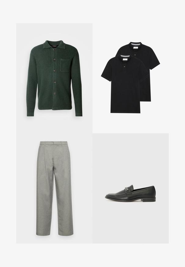 Tmavě zelený kardigan vyrobený z texturované tkaniny, s vpředu na knoflíky, hrudní kapsou a klasickým límečkem.; Dvě černé polokošile s krátkým rukávem z bavlny, s klasickým límcem, dvouknoflíkovou légou a bílými pruhovanými akcenty uvnitř límce.; Šedé vykrojené kalhoty vyrobené z texturované tkaniny, se střihem rovného nohavice, předními sklady a standardním pasem s poutky na opasek.; Černé kožené mokasíny s hladkým povrchem, s prošívaným designem a dekoračním kovovým řetízkem přes nárt. Plochý podpatek.