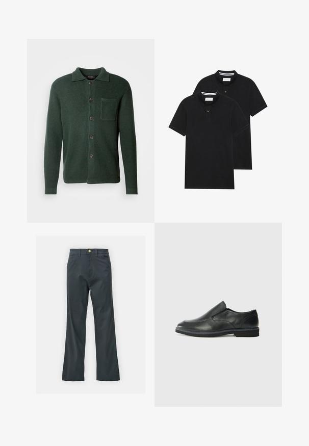 Donkergroen cardigan gemaakt van textuurstof, met een knoopsluiting aan de voorkant, een borstzak en een klassiek kraagontwerp.; Twee zwarte polo shirts, met korte mouwen, van katoen, met een klassieke kraag, een knoopsluiting met twee knopen en witte gestreepte accenten aan de binnenkant van de kraag.; Zwarte broek met een rechte pijp, gemaakt van een katoenmix. Voorzien van een metalen knoopsluiting en zijzakken. Geen zichtbare patronen.; Zwarte leren instapper met een soepele bovenkant, gestikte accenten, ronde neus en een lage rubberen hak. De zool heeft minimale profiel.