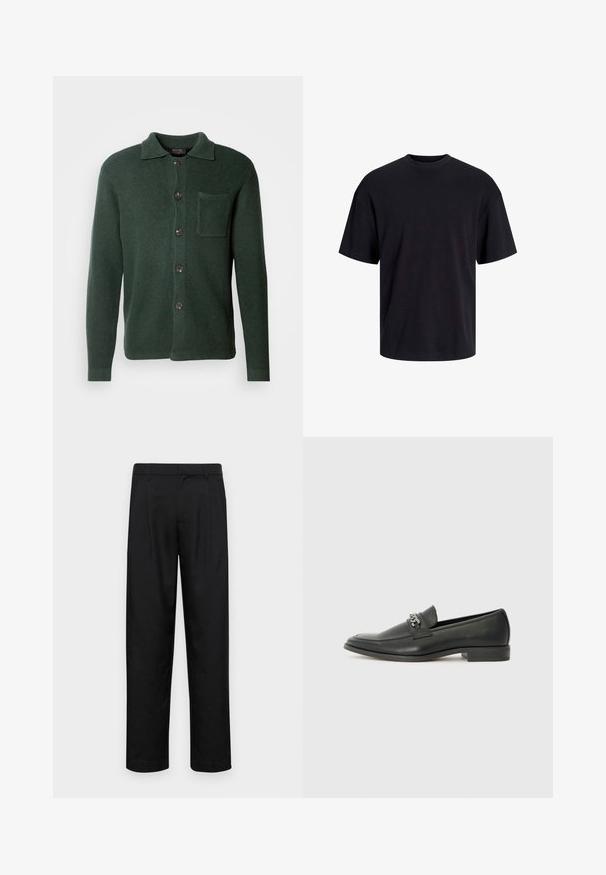 Dunkelgrüner Cardigan aus strukturiertem Stoff mit knöpfbarem Vorderteil, einer Brusttasche und einem klassischen Kragendesign.; Schwarzes Baumwoll-T-Shirt mit Rundhalsausschnitt, kurzen Ärmeln und lässiger Passform. Glatte Oberflächenstruktur und keine sichtbaren Muster oder Akzente.; Schwarze Hose aus glattem Stoff, mit geradem Bein Design, zwei vorderen Falten und einem Standardbund mit Gürtelschlaufen.; Schwarzer Lederloafer mit glatter Oberfläche, ausgestattet mit einer gesteppten Gestaltung und einem dekorativen Metallkettendetail über dem Vorderblatt. Flacher Absatz.