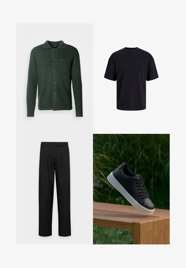 Temnozelena jopica iz teksturirane tkanine, ki ima zapenjanje na gumbe, žep na prsih ter klasičen dizajn ovratnika.; Črna bombažna majica s krojačkom izrezom, kratkimi rokavi in sproščenim krojem. Gladka tekstura in brez vidnih vzorcev ali poudarkov.; Črne hlače iz gladkega materiala, s krojem ravne noge, dvema sprednjima pregiboma in standardnim pasom z zankami za pas.; Črne usnjene teniske z gladko teksturo, bela gumijasta podloga in šest lukenj za vezalke, prikazane na leseni površini.