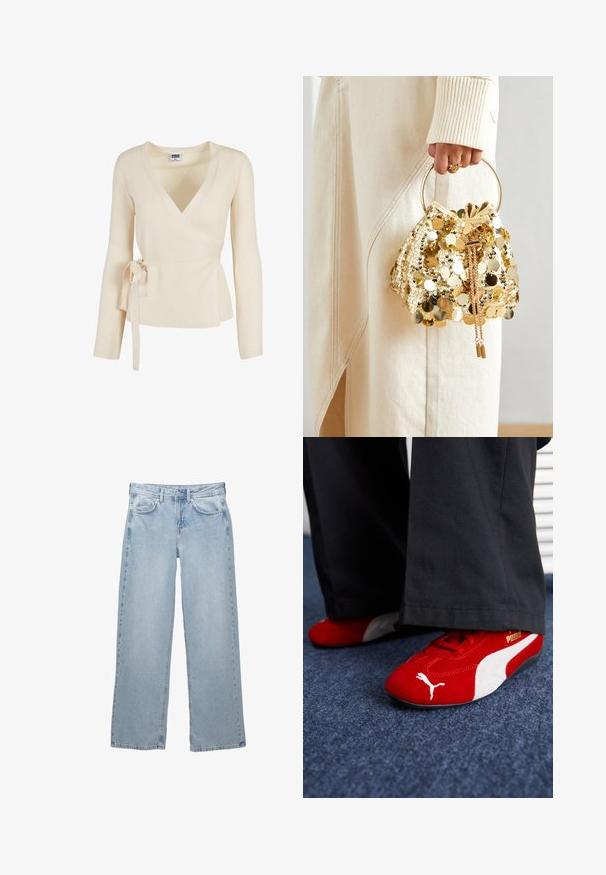 Beige ribbad omslagstopp med djup V-ringning, lång ärm och en knytning i midjan. Mjuk textur med subtilt mönster.; Två ärmlösa linnen: ett vitt med ribbad textur och ett ljusgrått med subtilt melerat mönster. Båda har rund halsringning.; Ljusblå denim byxor med vid bendesign, featuring en knapp- och dragkedjestängning, fem fickor och minimala sömnadsdetaljer.; Röda mockasko sneakers med vita accenter, med texturerat material, rund tå och en gul logotyp på sidan, bärs med svarta byxor.; Gul paljettdragväska med ett cirkulärt handtag, featuring glänsande runda paljetter och en texturerad tyg. Måtten är inte angivna.