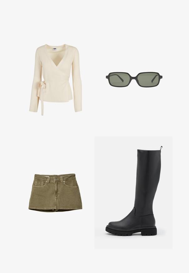 Top avvolgente beige a coste con scollatura a V profonda, maniche lunghe e dettaglio legato in vita. Tessuto morbido con un motivo sottile.; T-shirt bianco a maniche corte realizzato in tessuto liscio, caratterizzato da un colletto rotondo e dettagli di cucitura discreti all'orlo.; Gonna mini in denim verde oliva con tasche frontali, taglio dritto e chiusura a bottone. Texture morbida con dettagli di cucitura visibili.; Stivale nero al ginocchio in materiale liscio e opaco, con suola spessa, punta rotonda e un manico nella parte superiore per una facile vestibilità.; Occhiali da sole neri rettangolari con lenti verde scuro, caratterizzati da un design piatto, lati minimalisti e una montatura leggera per il massimo comfort.; Borsa hobo in pelle nera con una forma curva e morbida e una singola tracolla. Caratterizzata da una chiusura con zip e una superficie liscia e lucida.