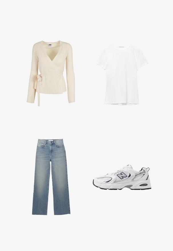 Beige geripptes Wickeltop mit tiefem V-Ausschnitt, langen Ärmeln und einer gebundenen Detail an der Taille. Weiche Textur mit dezentem Muster.; Weißes T-Shirt mit kurzen Ärmeln aus glatter Stoffqualität, mit rundem Ausschnitt und dezenten Nähten am Saum.; Helle blaue weit geschnittene Jeans aus Denim mit hoher Taille, vorderen Taschen und einem Knopfverschluss. Glatte Textur mit ausgewaschenen Stellen.; Weißer Sportschuh mit Mesh-Obermaterial, navyblauen Akzenten und gepolsterter Sohle. Verfügt über das "N"-Logo, Schnürsenkel und eine strukturierte Detailverarbeitung an der Seite.